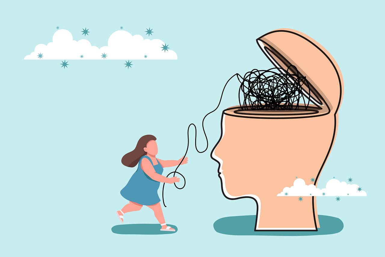 illustration d'une femme tirant un fil sortant d'un cerveau